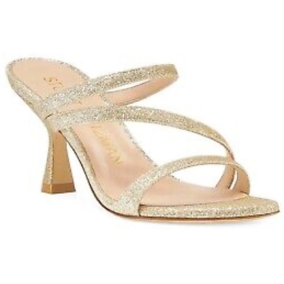 STUART WEITZMAN PATRON GLITTER GOLD STRAPPY SLIDE SANDAL CURVE HEEL Sz 6 - Picture 1 of 6